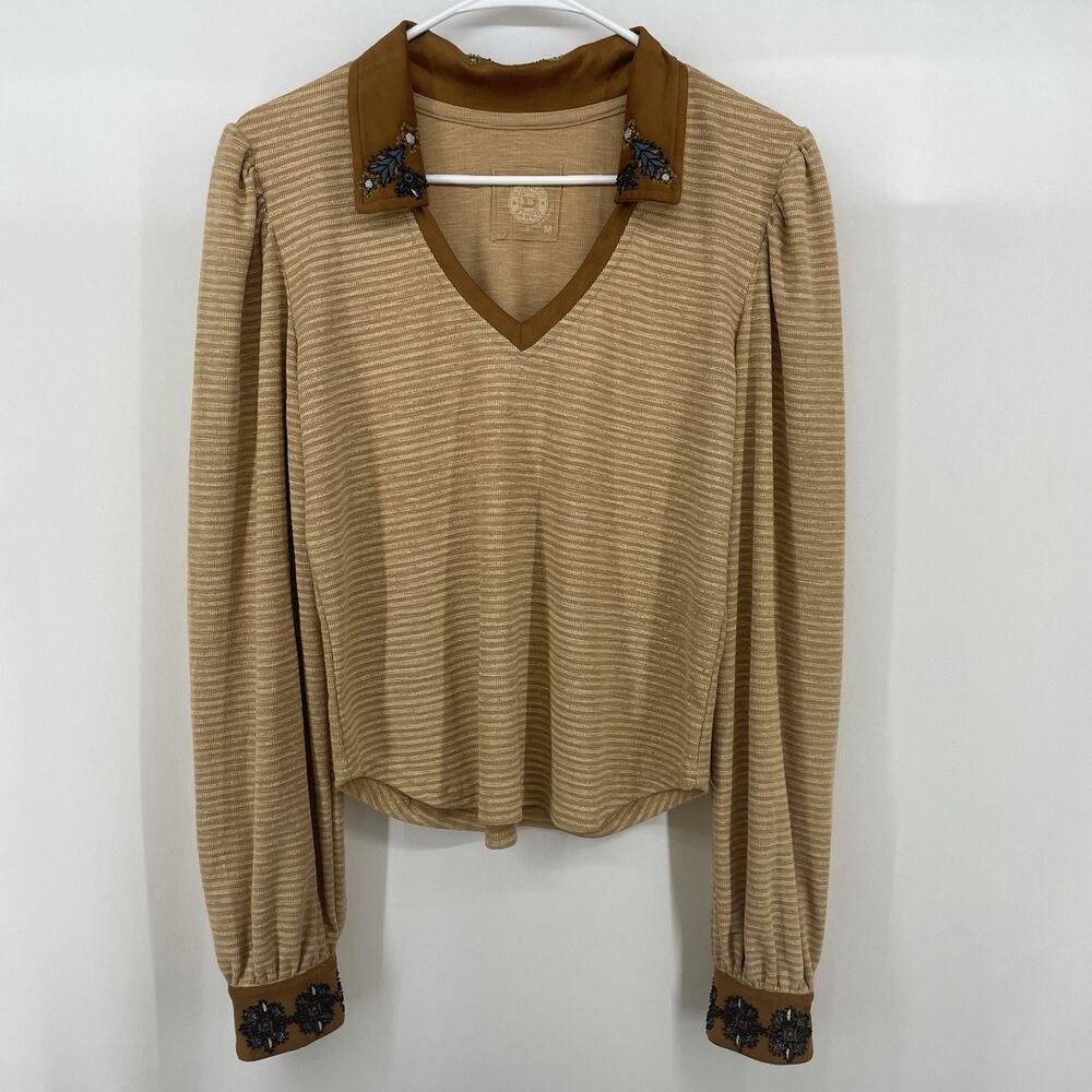 Double D Ranch Size M Trails End Top Long Sleeve Beaded Embellished Tan Western - Picture 2 of 11